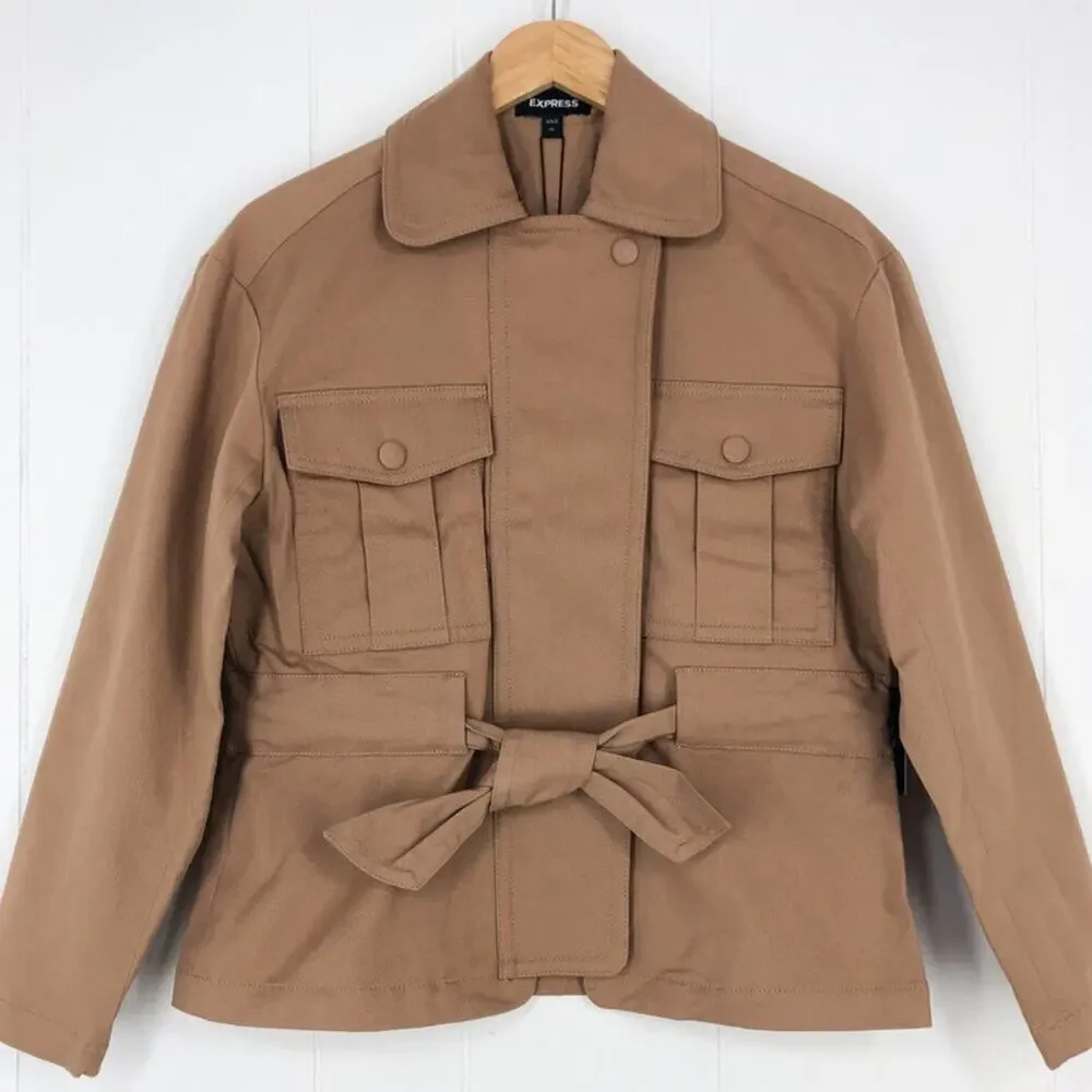 Express Utility Jacket Cotton Twill Oversized Pockets Belted Womens Size XS Tan